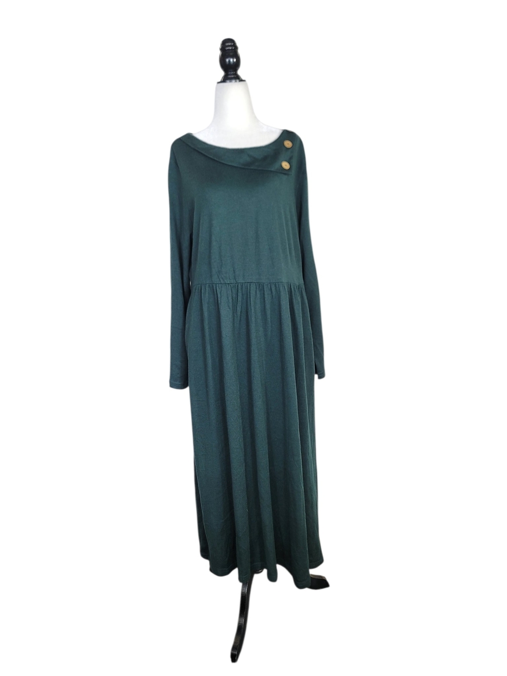Lintico Minimalist Wool blend Forest Green Long Sleeve Midi Dress Button Neck